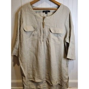 Ellen Tracy Womens XL tan Linen Shirt Gold Zipper Pockets Tab Sleeve Tunic